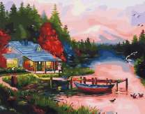 Вечер над рекой и лесной домик