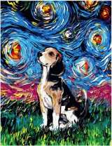 Пес на фоне холодных цветов