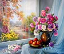 Букет астр и яблоки у окна