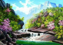 Горная река между цветущих кустов