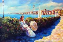 Девушка с зонтиком у моря