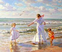 Дети запускают кораблик в море