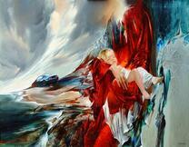 Девушка в красном с младенцем на руках