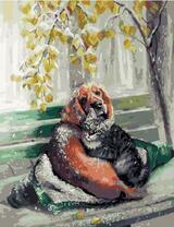 Кот и собака на заснеженной скамье