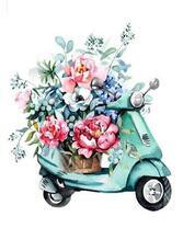 Мопед с большим букетом цветов