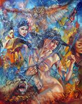 Обнаженная девушка, лев и сова