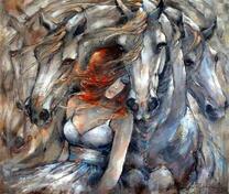 Девушка и белые лошади