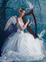 Ангел в белом платье с арфой и голуби