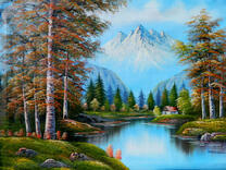 Летняя река под снежной горой