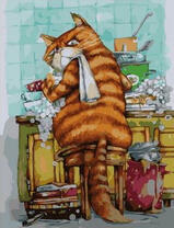 Рыжий кот в полоску моет посуду