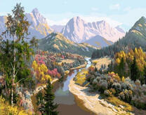 Осенний пейзаж с видом на реку и горы