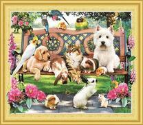 Собрание животных на садовой скамейке