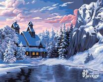 Церквушка у зимнего озера и горы