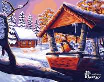 Синичка у кормушки в зимнем дворе домика