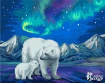 Белый медвежонок с мамой под полярным сиянием
