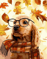 Щенок в очках с шарфиком под листопадом