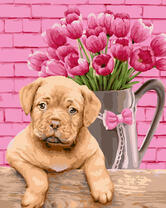 Милый щеночек и нежный букет тюльпанов