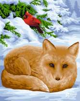 Лисичка и кардинал в зимнем лесу