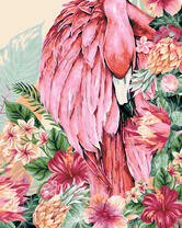 Красивый фламинго в ярких тропических цветах