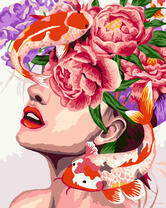 Карпы кои, розы и девушка