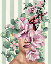 Девушка, цветущая яблоня и птичка