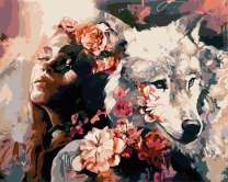 Девушка с розами и белая волчица