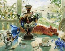 Рыжий кот и блестящий самовар на столе