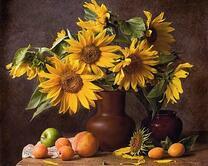 Букет подсолнухов и фрукты