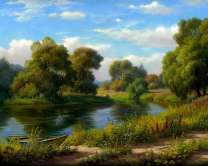 Деревья и лодка у летнего озера