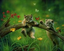 Маленькие рысёнки среди цветов