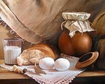Натюморт с молоком, яйцами и хлебом