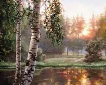 Берёзы и туман над озером