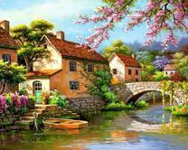 Деревенские домики у реки и каменный мост