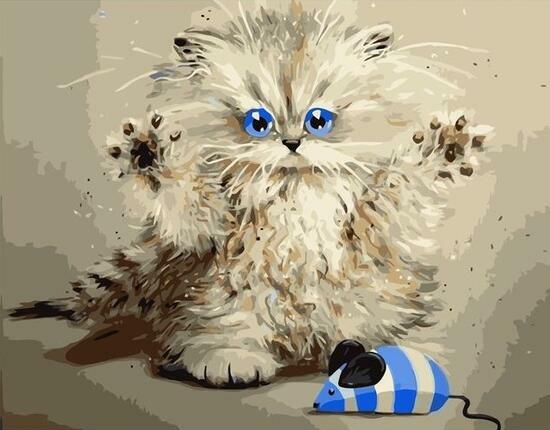 Картина по номерам 40x50 Котенок с ярко-голубыми глазами и мышь. Ким Хаскинс
