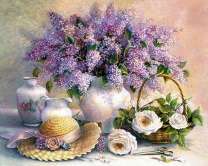 Букет сирени, розы и шляпа