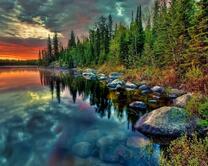 Прозрачные воды озера в хвойном лесу