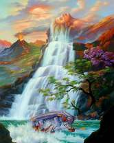 Водопад в горах и лодка