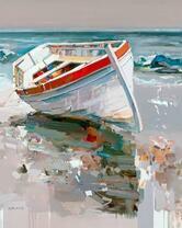 Лодка на песчаном берегу у моря