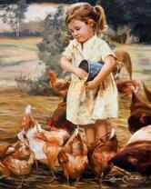 Девчонка кормит курей