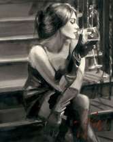 Девышка с вином на ступенях