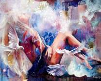 Девушка и белые голуби вокруг