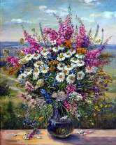 Букетик ромашек и полевых цветов в вазе