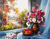 Букет астр в кувшине и яблоки