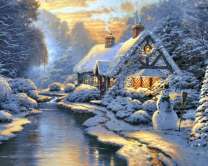 Рассвет над домиком в снежном лесу