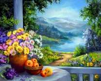 Букетик цветов и озеро в горной долине