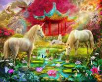 Сказочная поляна с беседкой, единорогами и бабочками