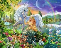 Девушка с единорогом у озера