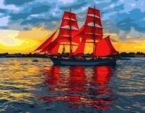 Двухмачтовый корабль с красными парусами