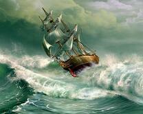 Парусный корабль на высоких волнах