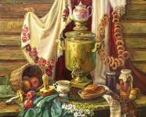 Самовар, пироги и дары леса на столе